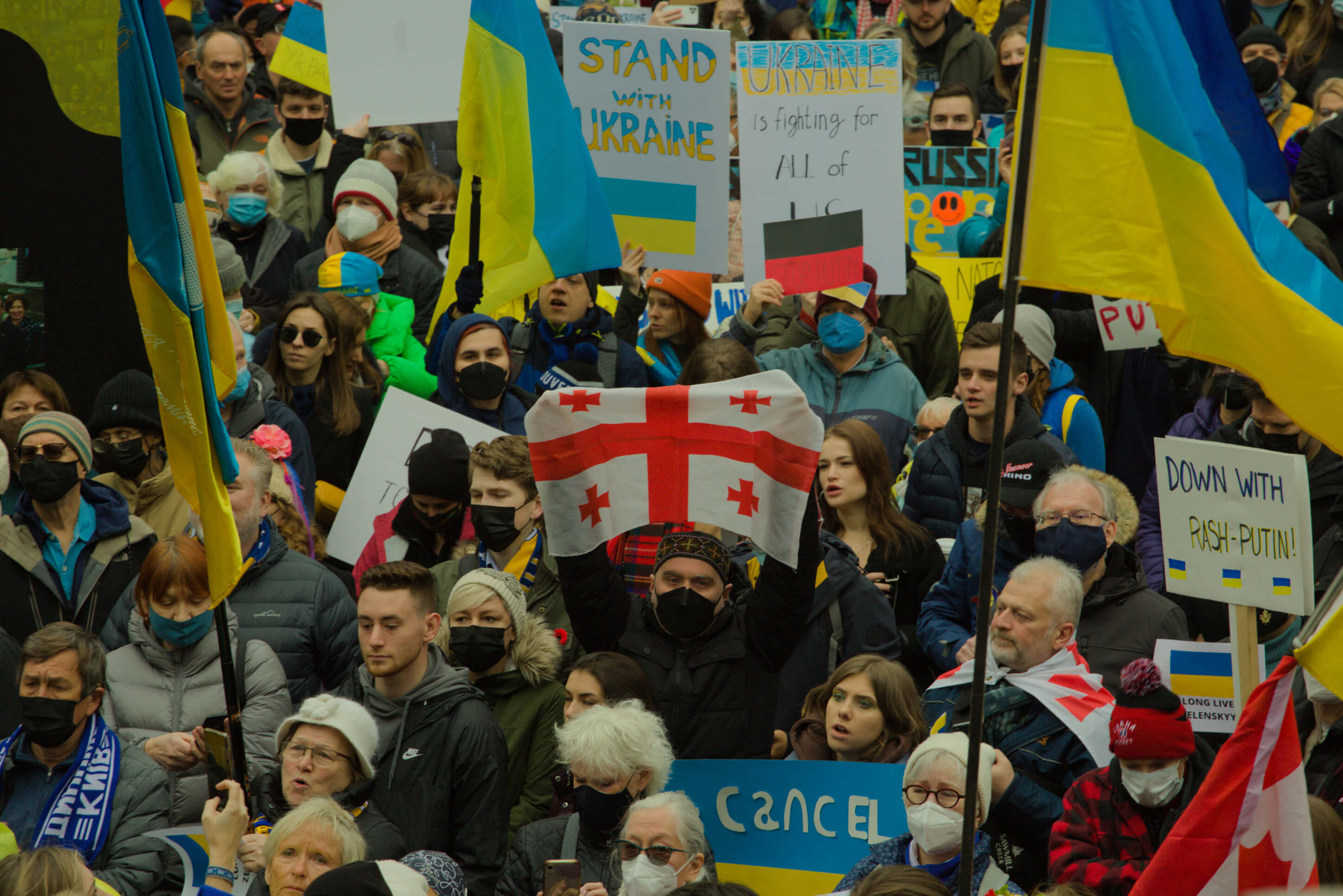 a person is holding up a Georgian flag among protesters holding up Ukrainian flags 